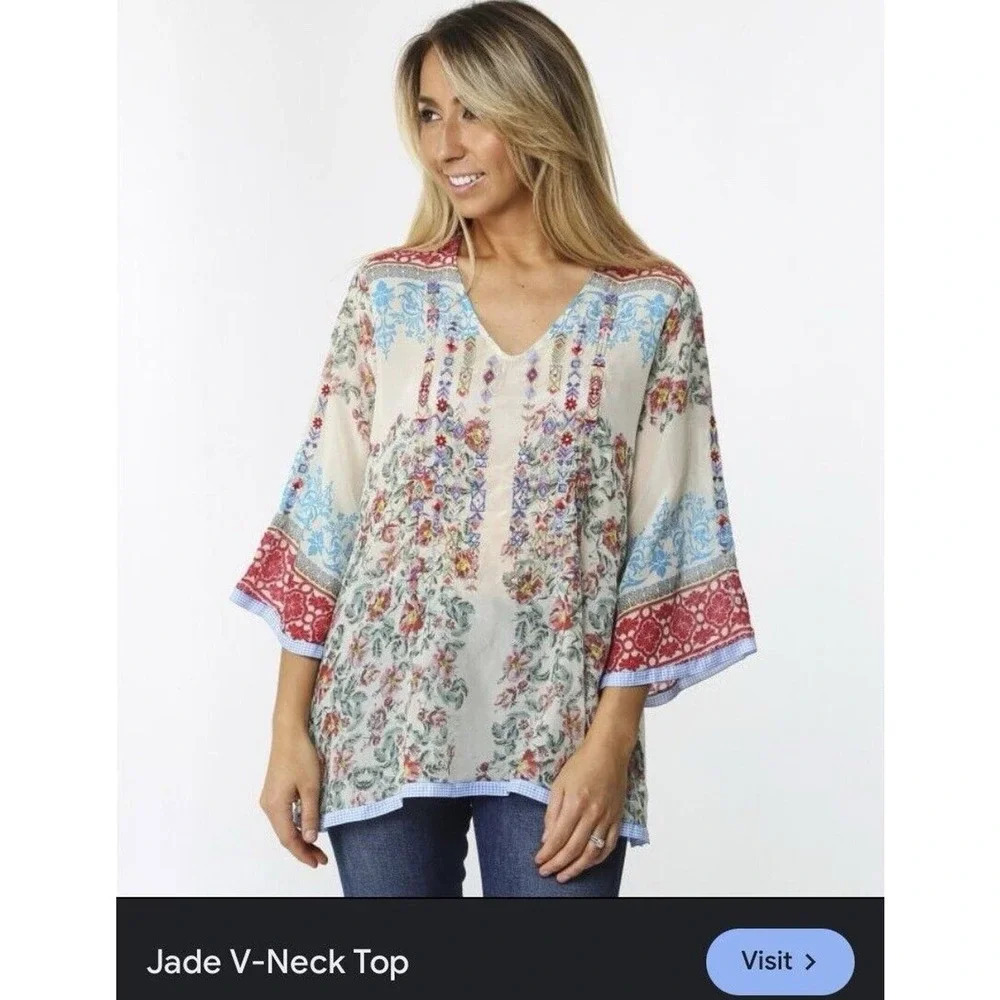 Johnny Was V Neck Jade Embroidered Top M boho summer nwot printed blue designer